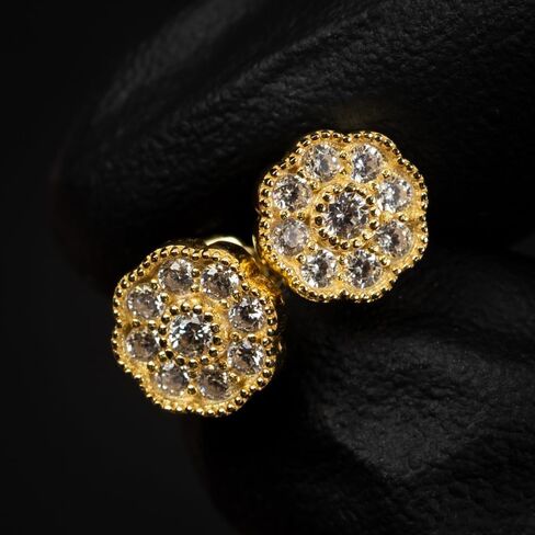 Small Unisex Brilliant Cut 925 Sterling Silver 14K Yellow Gold Plated Round Flower Cluster Halo Hypoallergenic Cz Men's Women's Hip Hop Circle Screw Back Stud Earrings in Saudi Arabia