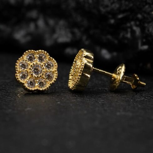 Small Unisex Brilliant Cut 925 Sterling Silver 14K Yellow Gold Plated Round Flower Cluster Halo Hypoallergenic Cz Men's Women's Hip Hop Circle Screw Back Stud Earrings in Saudi Arabia