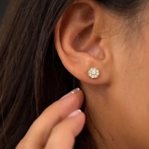 Small Unisex Brilliant Cut 925 Sterling Silver 14K Yellow Gold Plated Round Flower Cluster Halo Hypoallergenic Cz Men's Women's Hip Hop Circle Screw Back Stud Earrings in Saudi Arabia