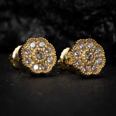 Small Unisex Brilliant Cut 925 Sterling Silver 14K Yellow Gold Plated Round Flower Cluster Halo Hypoallergenic Cz Men's Women's Hip Hop Circle Screw Back Stud Earrings in Saudi Arabia