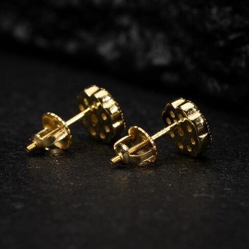 Small Unisex Brilliant Cut 925 Sterling Silver 14K Yellow Gold Plated Round Flower Cluster Halo Hypoallergenic Cz Men's Women's Hip Hop Circle Screw Back Stud Earrings in Saudi Arabia