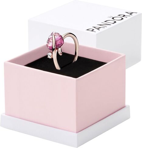 Pandora Leaf Rose Ring with Pink Murano Glass and Clear Cubic Zirconia, With Gift Box in Saudi Arabia