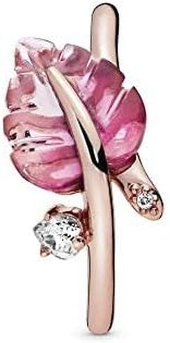 Pandora Leaf Rose Ring with Pink Murano Glass and Clear Cubic Zirconia, With Gift Box in Saudi Arabia