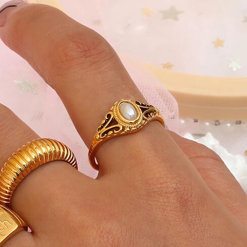 Pearl Retro Rings for Women, Victorian Pearl Ring, Fresh Water Pearl Gold Ring, 18K Gold Plated Dainty Statement Ring, Minimalist Pearl Ring for Women in Saudi Arabia