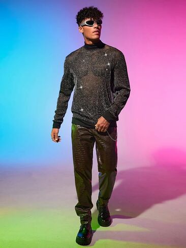 WDIRARA Men's Round Neck Long Sleeve Glitter Sweatshirt Party Club Metallic Tops in Saudi Arabia