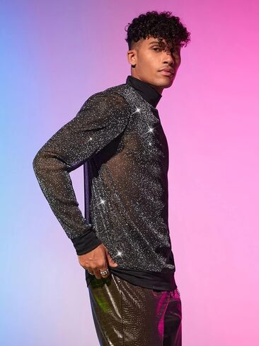 WDIRARA Men's Round Neck Long Sleeve Glitter Sweatshirt Party Club Metallic Tops in Saudi Arabia