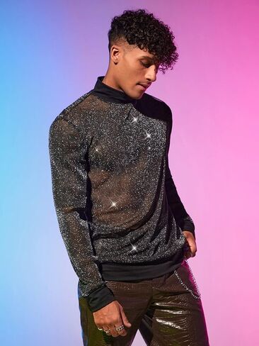 WDIRARA Men's Round Neck Long Sleeve Glitter Sweatshirt Party Club Metallic Tops in Saudi Arabia
