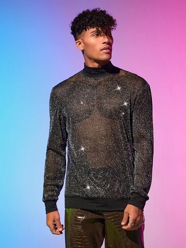 WDIRARA Men's Round Neck Long Sleeve Glitter Sweatshirt Party Club Metallic Tops in Saudi Arabia