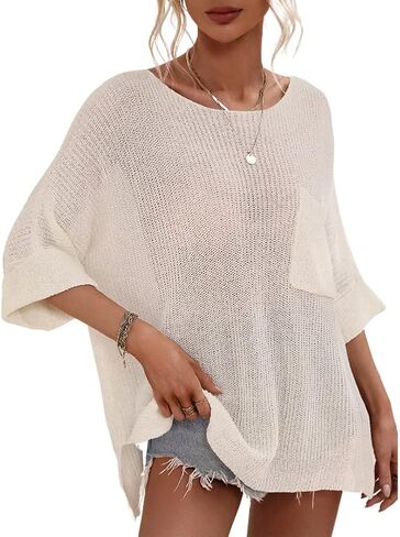 Women's Summer Oversized Half Sleeve Crochet Knit Sweater Top Spring Solid Color Blouse in Saudi Arabia