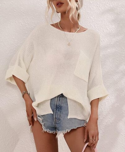 Women's Summer Oversized Half Sleeve Crochet Knit Sweater Top Spring Solid Color Blouse in Saudi Arabia