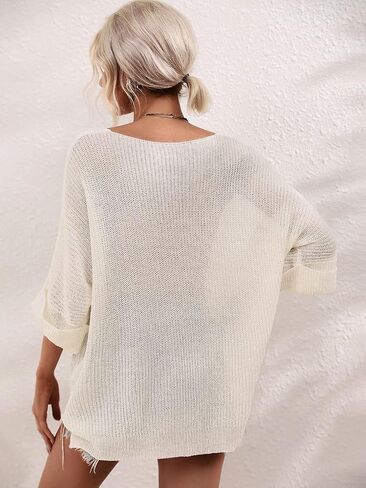 Women's Summer Oversized Half Sleeve Crochet Knit Sweater Top Spring Solid Color Blouse in Saudi Arabia