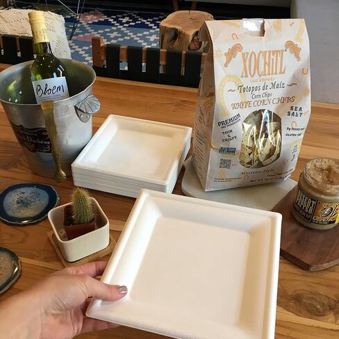 Susty Party 8-Inch Compostable Square Plates (50 Plates), Sugarcane Heavy Duty Disposable Biodegradable Plate, White in Saudi Arabia