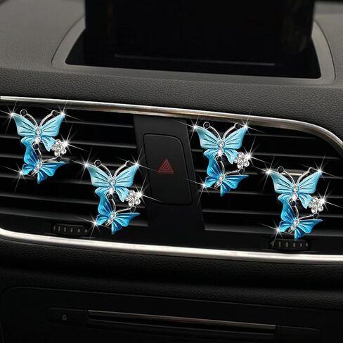 4Pcs Blue Car Air Fresheners Vent Clips,Cute Dual Butterfly Diamond Rhinestone Air Freshener Vent Clip Sparkly Car Decoration Car Interior Decor Bling Car Accessories for Women Automotive in Saudi Arabia