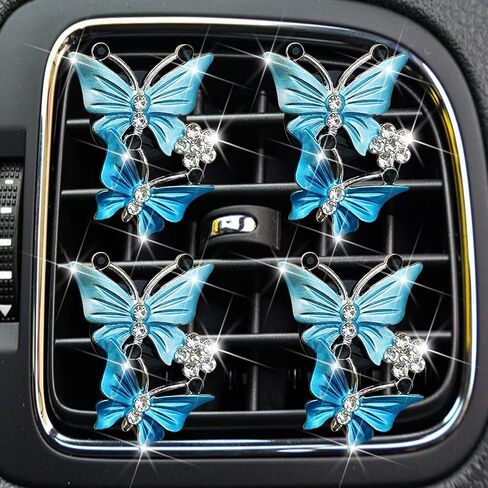 4Pcs Blue Car Air Fresheners Vent Clips,Cute Dual Butterfly Diamond Rhinestone Air Freshener Vent Clip Sparkly Car Decoration Car Interior Decor Bling Car Accessories for Women Automotive in Saudi Arabia
