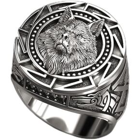 SixTwo 925 Sterling Silver Vintage Men's Ring Wolf Totem Thai Silver Ring Nordic Mythology Viking Warrior Wolf Head Ring Hip hop Party Ring Animal Zodiac Ring for Men ST.070 (8)