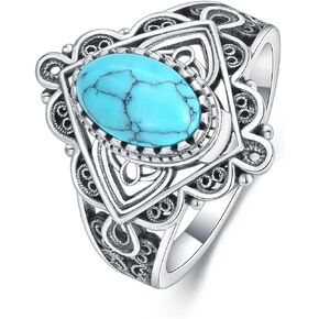 Natural Turquoise Rings for Women Sterling Silver Western Boho Style Statement Ring Genuine Gemstone Rings Jewelry Gift for Birthday Mother's Day Christmas