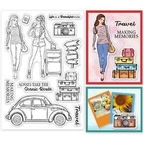 Fashion Women Travel Clear Stamp 6.3x4.3 Lady Bag Trunk Transparent Stamps Vacation Word Silicone Stamps Car Camera Rubber Stamps Seal for DIY Scrapbooking Photo Album Journaling Craft Decor