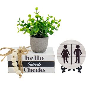 Bathroom Shelf Decor Signs, Book Stack and 3D Round Signs With Fake Plants, Funny Hello Sweet Cheeks Wooden Rustic Decor for Restroom Shelf Guest Bathroom (Sweet Cheeks)