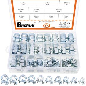 92Pcs 7mm to 18mm (10 Sizes) Zinc Plated Carbon Steel Mini Fuel Injection Style Hose Clamp Assortment Kit for Diesel Petrol Pipe