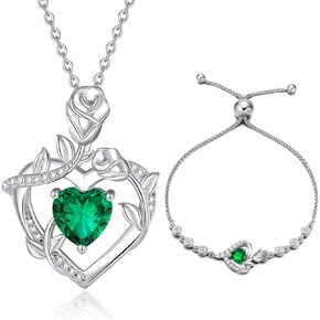 AGVANA May Birthstone Jewelry Emerald Necklace Bracelet for Women Sterling Silver CZ Rose Flower Heart Pendant Mothers Day Gifts for Mom Anniversary Birthday Gifts for Girls Her