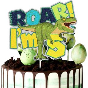 ChienMin Glitter Roar Dinosaur I’M 5 Cake Topper for Baby's Five Years Old Birthday Party Decorations, Jurassic Park T-Rex 5th Birthday Cake Decor, Gold