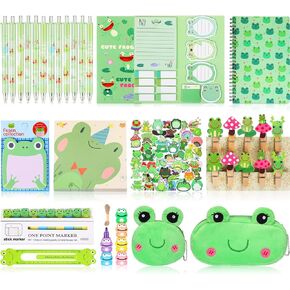 Crtiin 76 Pcs Cute Frogs Sticky Notes Set A5 Frog Spiral Notebooks Cartoon Frog Pen Frog Stickers Paperclip Sticky Memos Notes Bags Frogs Stationery Set for School Office Party Favors
