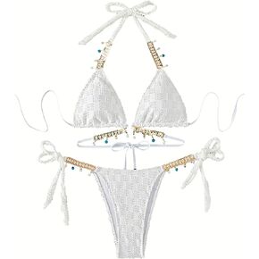 SweatyRocks Women's 2 Piece Bikini Set Rhinestone Halter Triangle Bikini Bathing Suit Tie Side Swimsuit