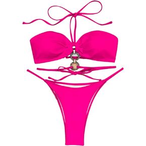 GORGLITTER Women's Ring Swimsuit Wireless Halter Tops High Cut Thong Bikini Set Bathing Suit