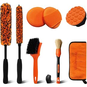 8PCS Wheel Brush Kit, Bendable Wheel Cleaner Brush for Wheel Rim Gap, Effective Wheel Cleaning Brush Kit with Tire Brush, Detailing Brush and Tire Shine Applicator, Orange