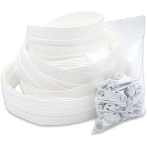 #4.5 YKK Continuous Nylon Coil White Zipper Chain Includes White Non-Locking Long Pull Sliders-Made in The United States (1 Yard & 2 Pulls)