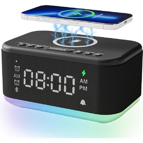Alarm Clock Speaker Wireless Charger, Digital Alarm Clocks Bedrooms Bluetooth, Alarm Clock Dimmable Light Bedrooms Dual Alarm Snooze Dimmer 12 24H RGB Night Light Bluetooth USB AUX, Gray