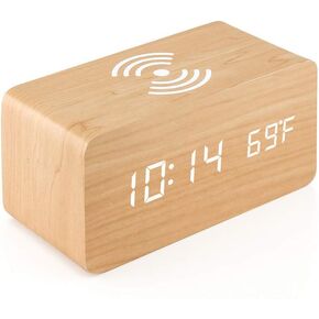 Multifunctional LED digital alarm clock desktop charging clock wireless digital 12/24H display unique home decoration bedroom living room office electronic wooden alarm clock and Bluetooth speaker.