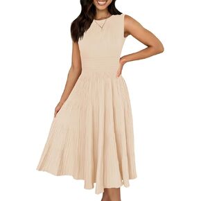Ferlema Womens Summer Sleeveless Midi Dresses 2024 Crew Neck Knit A Line Pleated Swing Casual Tank Dress