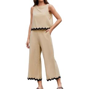 Moreone Women's Summer 2 Piece Outfits Sleeveless Crop Tank Top Button Back Capri Wide Leg Pants Lounge Matching Sets with Pockets Apricot S