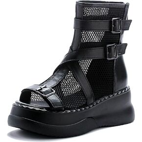 Women's Genuine Leather High Top Platform Sandals with Buckle Strap Summer Peep Toe Back Zipper Hollow Mesh Casual Ankle Boots Lightweight Comfortable Roman Sandals