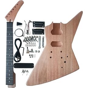 HENGYEE EX-Style DIY Electric Guitar Kit Mahogany Body and Neck - Rosewood Fingerboard Explorer Style Electric Guitar Builder Kit