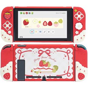 GeekShare Protective Case for Switch Slim Cover Case Compatible with Nintendo Switch, Separable Soft Silicone Protective Shell for Joy Con with 2 Thumb Grip Caps - Spring Strawberry