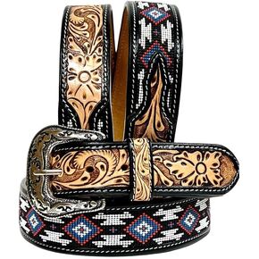 Western Leather Beaded Tooled Belt with Removable Buckle 30IS102