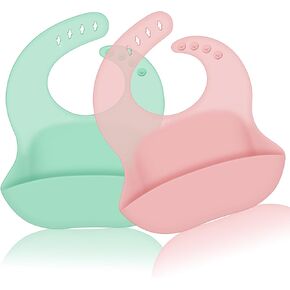 Silicone Baby Bibs, Waterproof Baby Feeding Bibs with Food Catcher Pocket, Adjustable Silicon Bibs for Toddlers Baby Essentials Must Haves Baby Stuff baby girl Newborn Essentials Baby Food Bibs 2 Pack