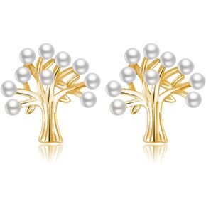 Reffeer Solid 925 Sterling Silver Tree of Life Stud Earrings for Women Girls Tree Stud Earrings Pearl Studs