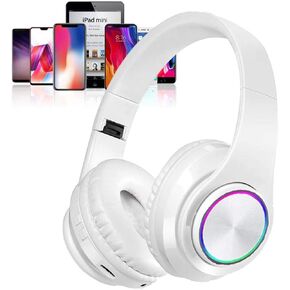 Bluetooth Over Ear Headphones, Deep Bass Colorful LED Lights Headphones with Mic, Lightweight Wireless Foldable HiFi Stereo Kids Headset for School Classroom/Home Travel/Office/PC/Cell Phone-White