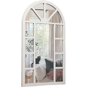 Rustic Wooden Arched Window Mirror 24 x 40 inches, Hanging Distressed White Decorative Window Mirrors for Wall Decor, Farmhouse Wall Mounted Window Pane Mirrors for Living Room Christmas