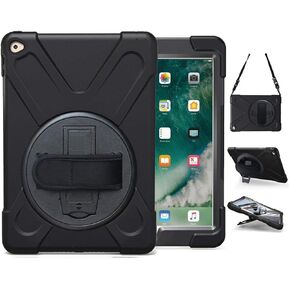 iPad Air 2 Case for Kids 9.7 Inch (2014 Release) with Stand Strap | Heavy Duty Rugged Rubber Protective Cover Case for iPad Air 2nd Generation A1566 A1567, Black