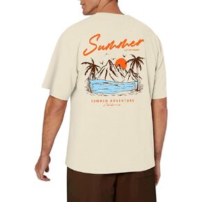 Men's Graphic Tee - Summer Cartoon Letter Top Landscape Slogan Palm Tree Print Vintage Casual Short Sleeve T-Shirt