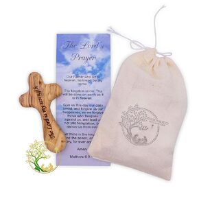 Olive Wood Comfort cross engraved with The Lords is my Strength | Holding Palm cross | Handheld or pocket Cross Comes with a Charm, Muslin Bag & Prayer Card - Religious Gift for Kids and Adults