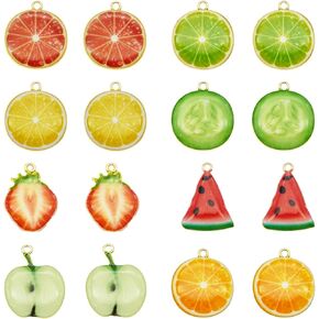 32pcs Assorted Gold Plated Enamel Lemon Watermelon Orange Strawberry Apple Dainty Dangle Fruit Food Charms for Earrings Jewelry Making Necklace Bracelet