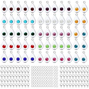 BetterJonny 260pcs Charms for Jewelry Making, 60pcs Silver Drop-Shape Crystal Birthstone Charms Beads with 100 Lobster Clasps and 100 Jump Ring for Necklace Bracelet Earring
