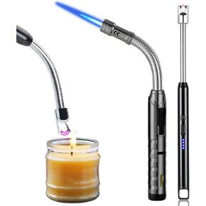 Candle Lighter, 2 Pack Jet Torch Lighter and USB Rechargeable Lighter and with Flexible Neck, 8.1-inch Arc Lighter with Battery Indicator and Windproof Refillable Butane Lighter for Gift-Gradient+Blue