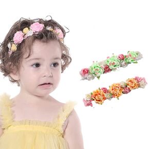 Flower Crown Headband Flower Headwear Set Elastic Adjustable Head Piece Girl's Hairbands 2Pcs for Toddler and Childrens （Color 3）