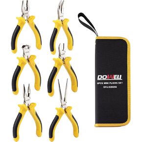 DOWELL 6-piece Mini Pliers Set Needle Nose Diagonal Long Nose Bent Nose End Cutting and Linesman for Making Crafts Repairing Electronic Devices with Pouch